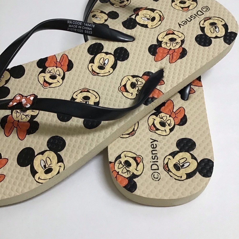 Disney SZ 10 1/2 Flip Flops Women’s Mickey and Minnie Mouse Sandals Red Bows Tan - Picture 5 of 10